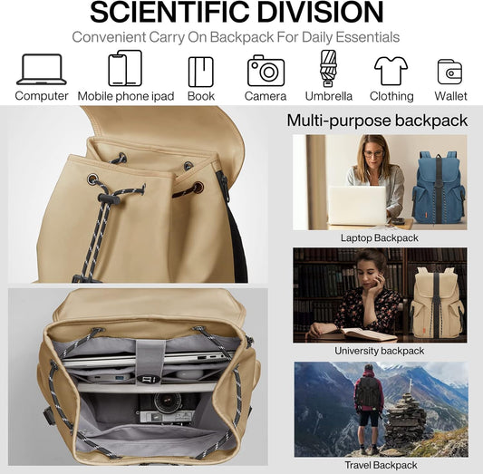 mixi Travel Laptop Backpack for Women & Men, Carry On Backpack fits 16'' Laptop Waterproof Rucksack,17 Inch, Mocha Brown