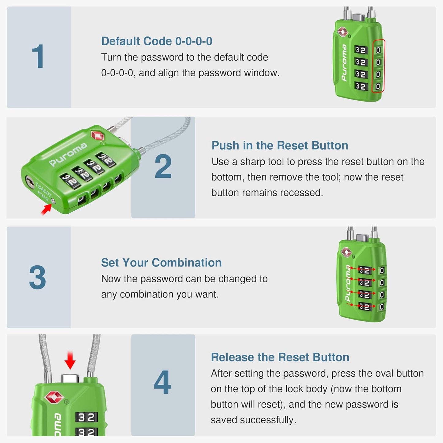 Puroma 2 Pack TSA Approved Luggage Locks, 4 Digit Combination Travel Locks Resettable Code Lock with Zinc Alloy Body for Suitcase, Toolbox, Backpack, Bag, Gym Locker (Green)