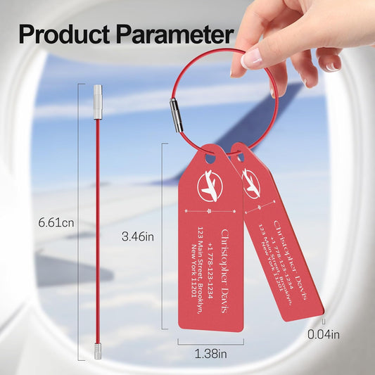 4 PCS Personalized Metal Luggage Tag – Personalized Engraved Suitcase Tag, Backpack Tag, with Matching Color Strap, Waterproof Suitcase Name Badge – Ideal Corporate Gift & Travel Accessory (Red)