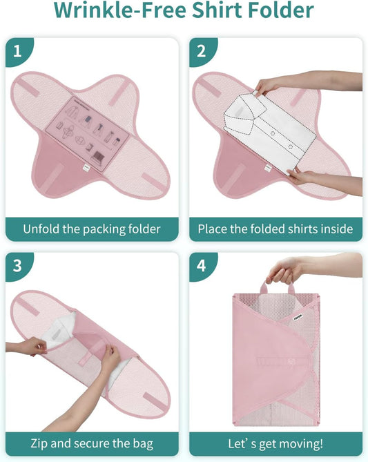 WANDF 7 Set Compression Packing Cubes for Travel, Shirt Folder for Wrinkle-Free, Suitcase Organizer Bags Set for Carry-On Checked Luggage Duffle Bag Women Men(Pink)