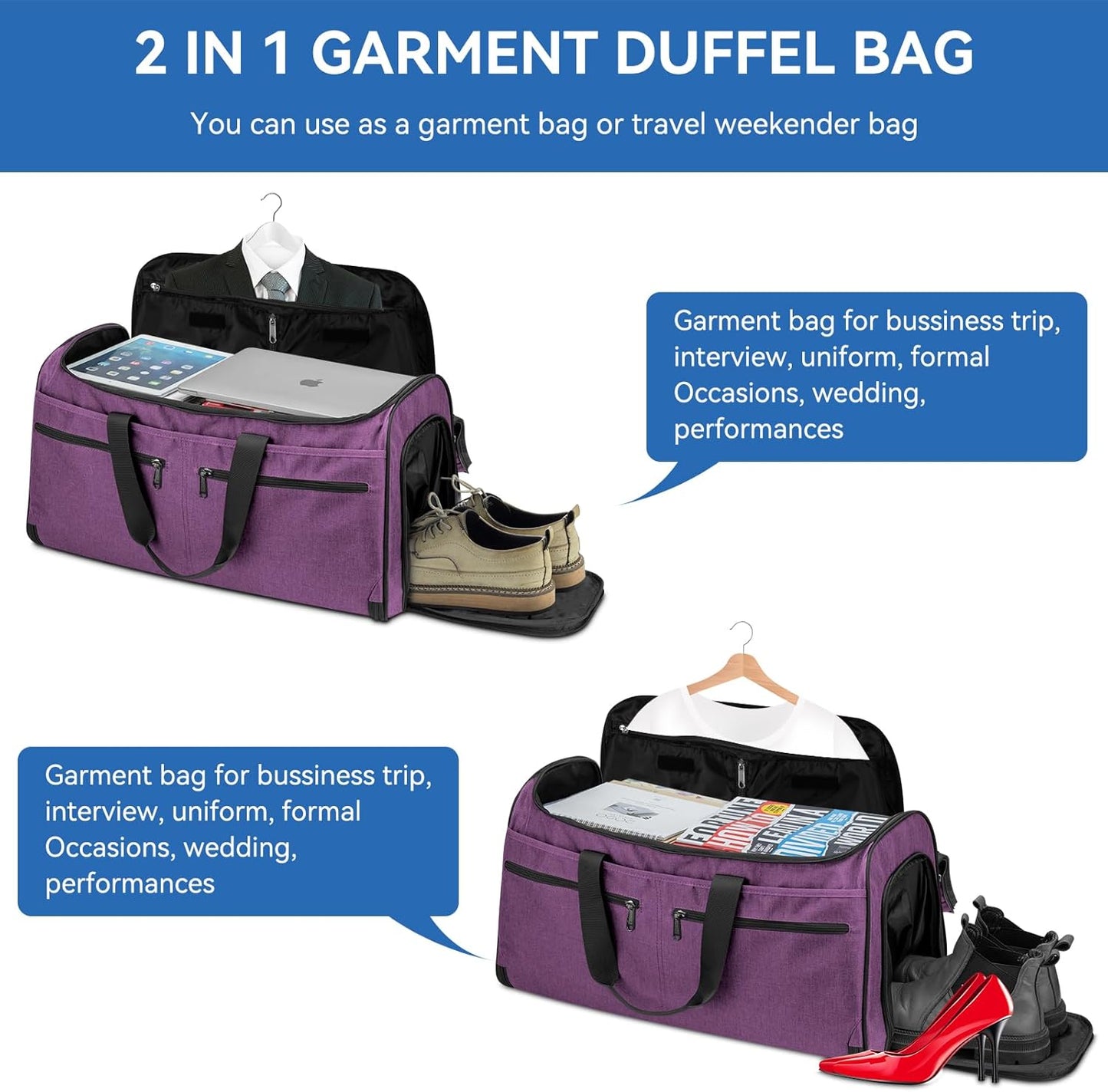Large Garment Bag for Travel, Bukere Convertible Suit Travel Garment Duffel Bag for Women Business, Shoe Compartment, Detachable Shoulder Strap, 2 in 1 Hanging Suitcase Suit Travel Bags, Purple
