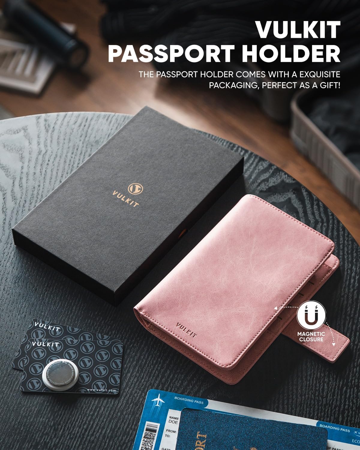 VULKIT Passport Holder with Airtag Holder RFID Blocking Passport Wallet Travel Leather Passport for Women(Pink)