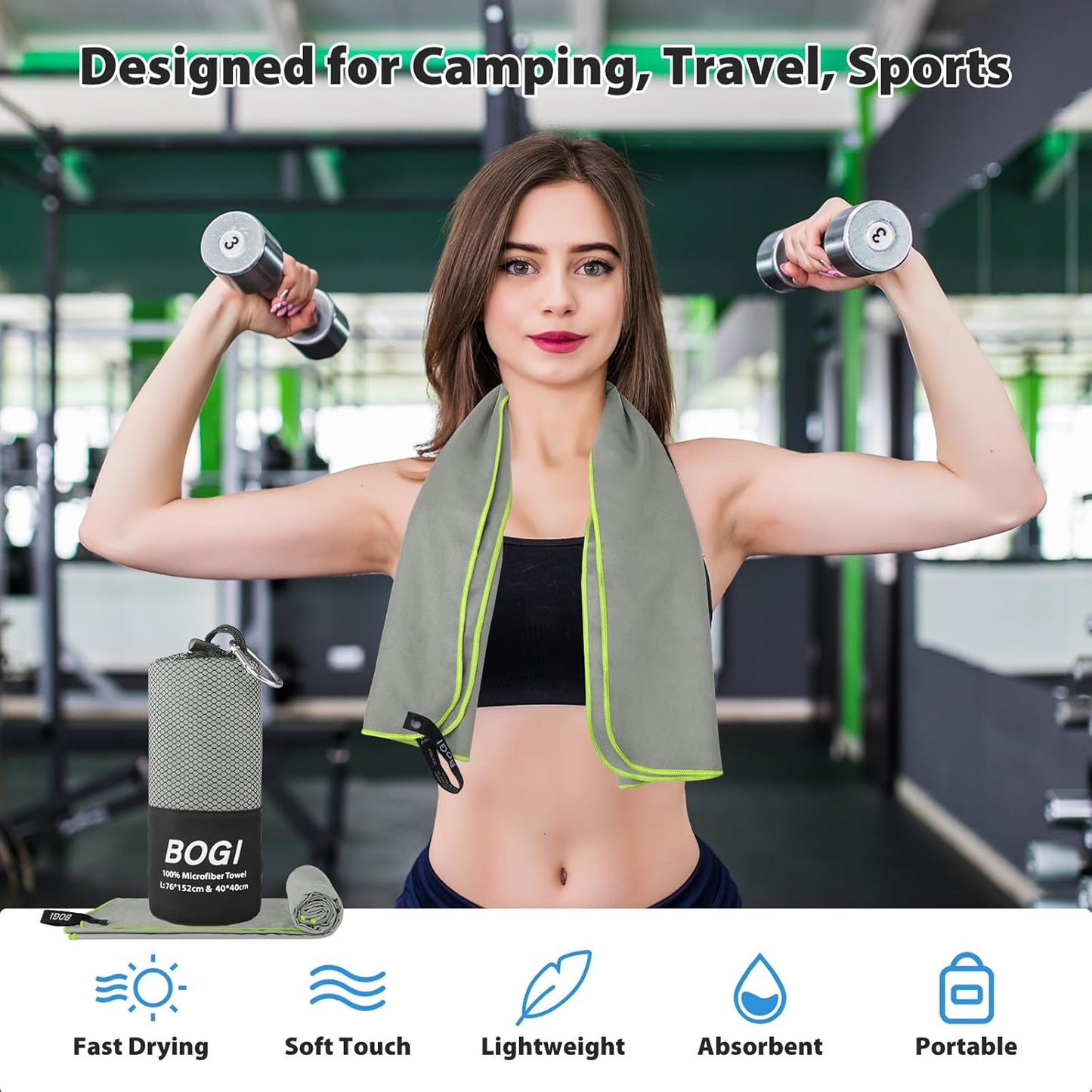 BOGI Microfiber Travel Sports Towel-Quick Dry Towel, Soft Lightweight Microfiber Camping Towel Absorbent Compact Travel Towel for Camping Gym Beach Bath Yoga Swimming Backpacking (M:40''x20''-Grey)