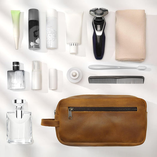 Ringsun Genuine Leather Toiletry Bag, Hanging Makeup Bag with Large Capacity for Women Men, Handcrafted Vintage Travel Toiletry Bag for Accessories, Shampoo, Full-size Container, Toiletries