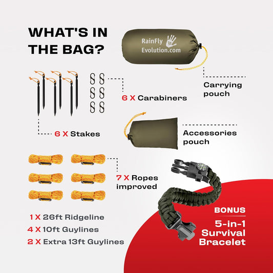 Rain Fly 12x10 Lightweight Survival Camping Tarp; 100% Waterproof; Makes a Great Backpacking Tarp or Hammock Shelter; Comes in Multiple Colors, Survival Bracelet Included; OD-Green