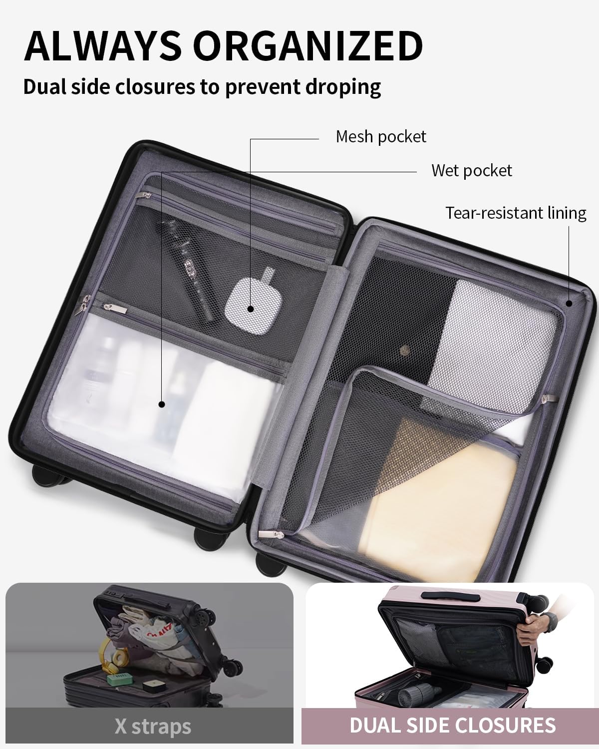 ECOHUB Hardside Expandable Carry On Luggage Sets, Recycled PC 20/24" Rolling Luggage Airline Approved with Spinner Wheels & TSA Lock, Lightweight Hardshell Travel Suitcase, 20+24 inch Carry-on Pink