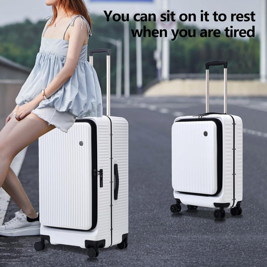 2 pieces 20/29 Aluminum Frame Carry On and Checked Luggage Set with Side Opening, Lightweight Hardshell ABS+PC Trunk Suitcase with TSA Lock, 360° Universal Wheels & Adjustable Handle, White