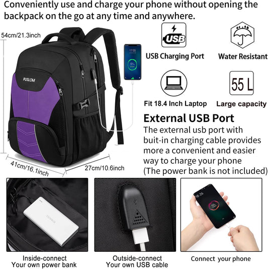 PUSLOM Extra Large Travel Laptop Backpack for Men 55L,Water Resistant 18.4 inch Big Business Laptop bags with USB Charging Port,TSA Friendly Anti Theft Computer Bag for Work College,Purple