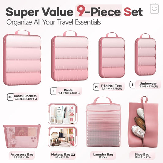 Veken 9/11 Set Compression Packing Cubes for Travel Essentials,Compressible Expandable Large Luggage Suitcase Organizer Bags for Clothing,Durable Space Saver Storage Bags with Toiletry Bags(Pink)