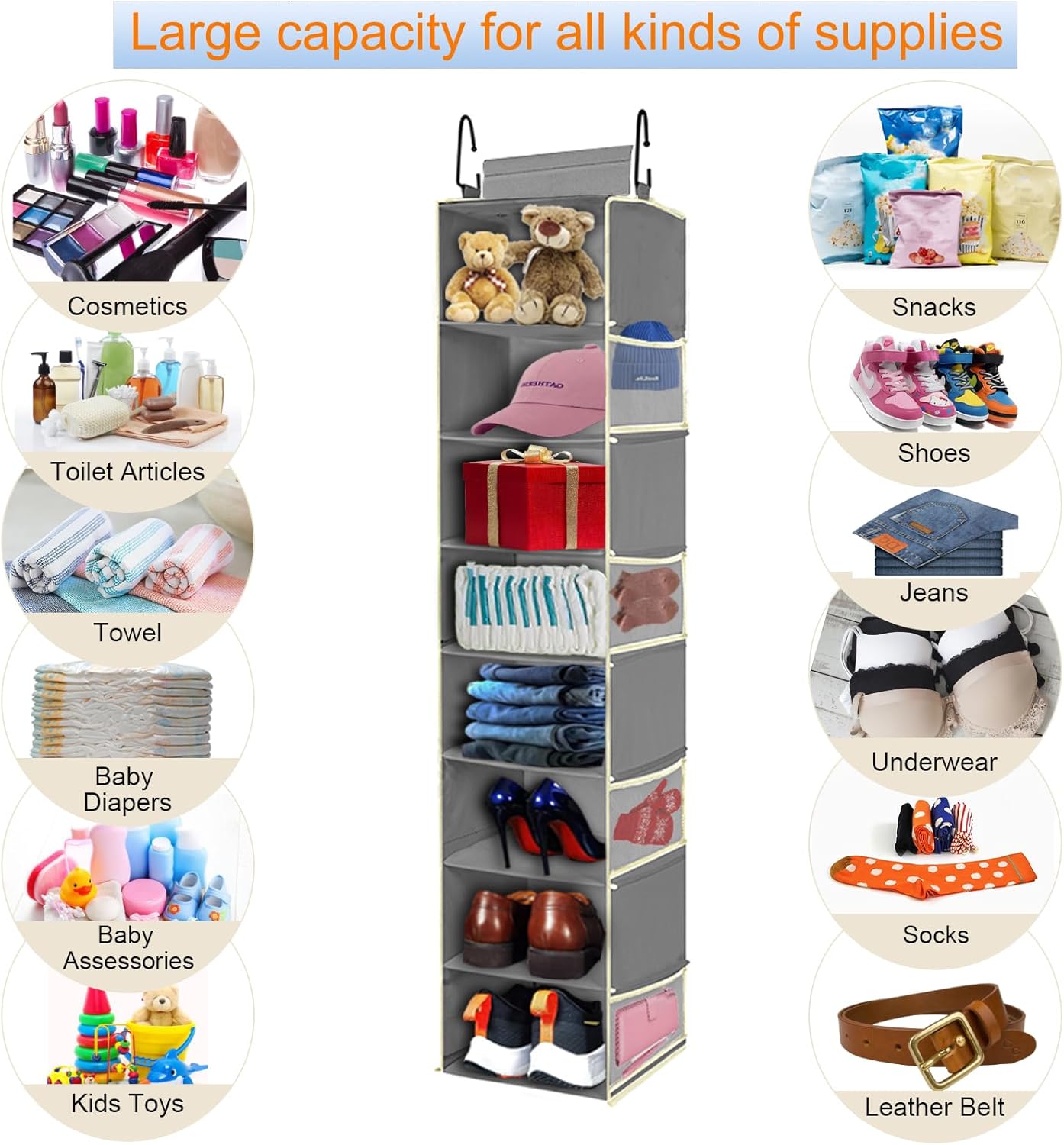 2 Pack Large-Sized Hanging Shoe Organizer 8-Shelf, Hanging Closet Organizer with 8 Side Pockets, Wider Hanging Shelves for Storage Shoes Clothes 9" W × 11.8" D× 48" H, Grey.