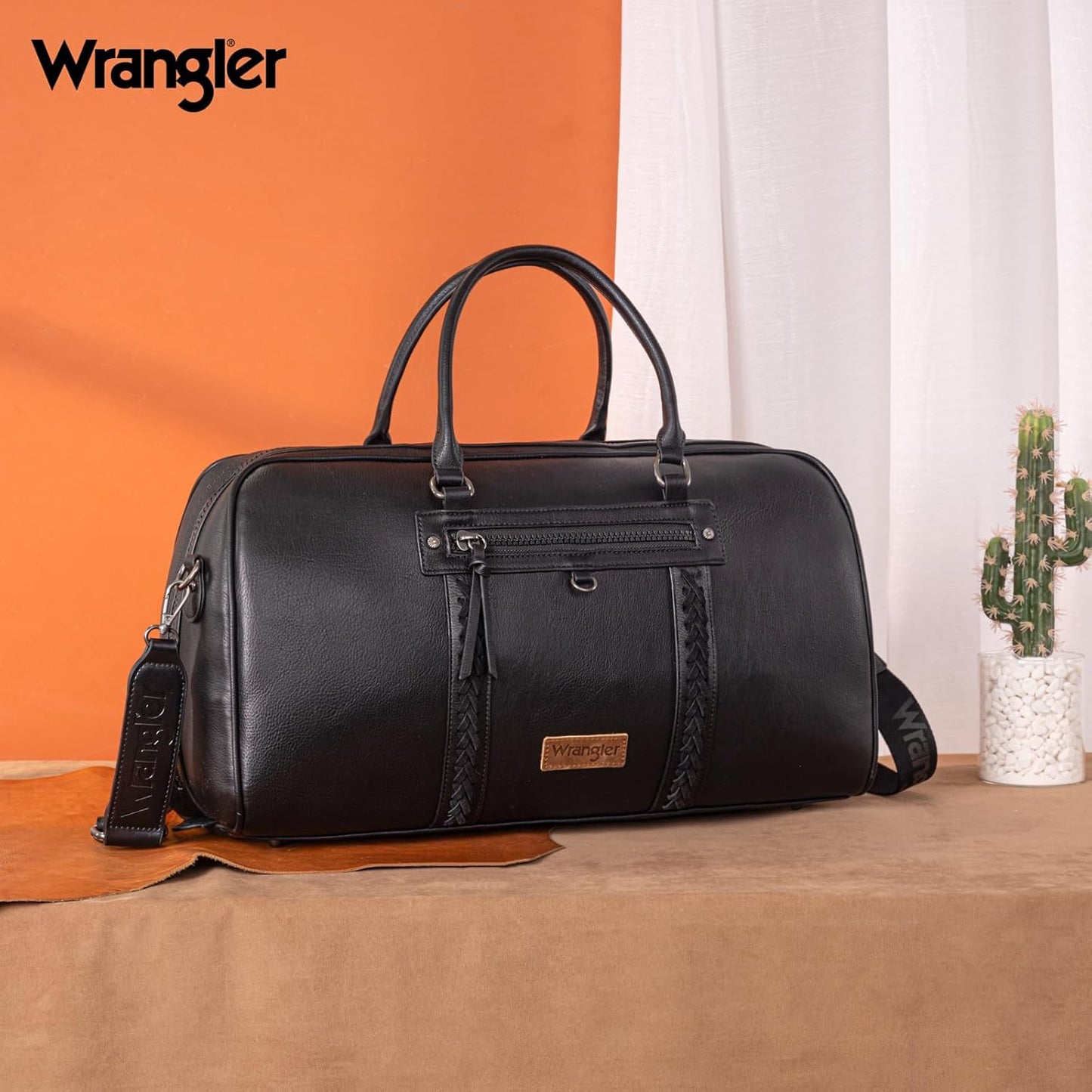 Wrangler Travel Duffel Bag Large Weekender Bag for Women Designer Carry on Overnight Bag for Trips Leather Luggage Bag Black