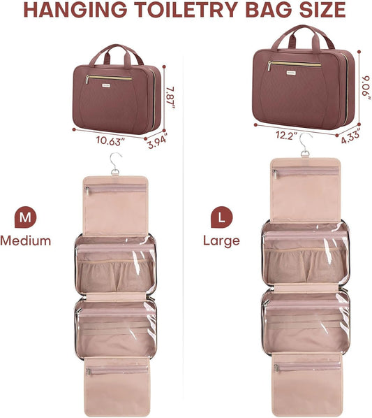 Hanging Toiletry Bag for Women Travel, 2 Sizes Large & Small Waterproof Cosmetic Organizer with 4 Compartments, Rotating Hook, Foldable Pink Travel Bag for Toiletries & Makeup Red Sandalwood
