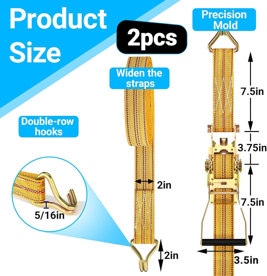 2Pack Ratchet Straps Heavy Duty, 2” 32Ft Tie Down Straps Ratchet, Tie Down Ratcheting with Double J Hook, 4000 LB Break Strength Cargo Strap Ratcheting for Moving, Trailers, Motorcycles and Car Roof