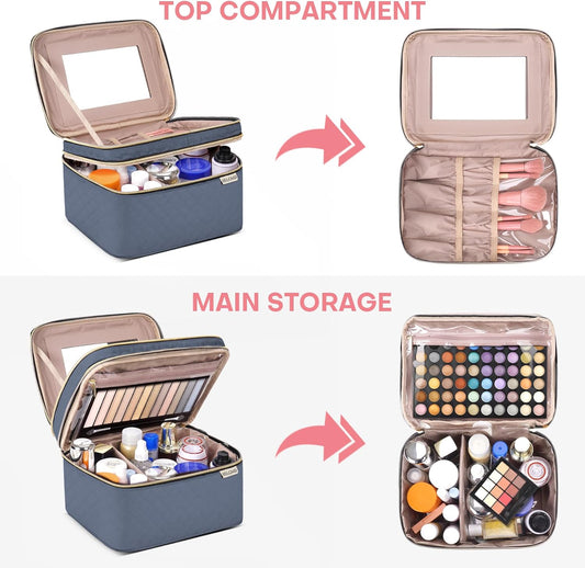 Large Makeup Bag with Mirror Double Layer Travel Make Up Organizer Case, Large Capacity Coemetic with Brush Slot Divider, Travel Toiletry Bag for Women (Aegean Blue)