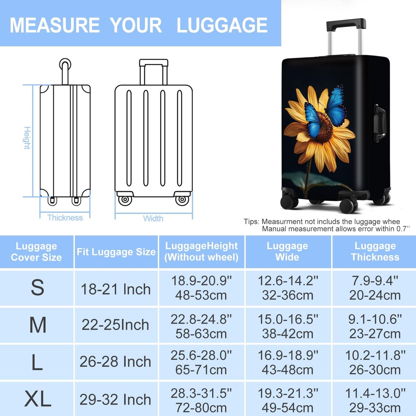 Luggage Cover Washable Suitcase Protector Anti-scratch Suitcase cover Fits 20-34 Inch Luggage (Sunflower, L(28-30inch suitcase))