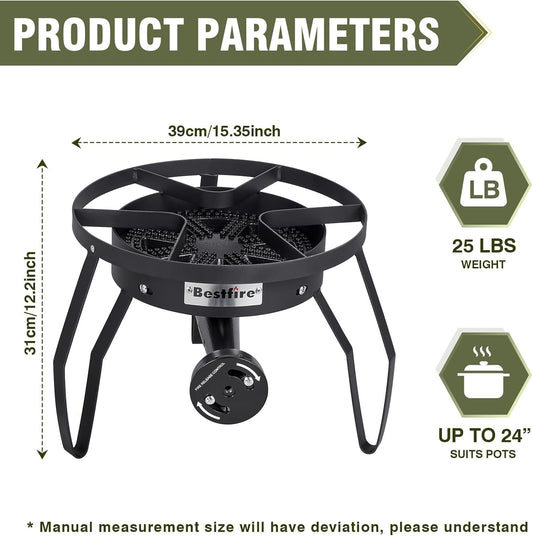 Bestfire 16" Single Propane Burner Camping Stove with Steel Braided Hose 200,000 BTU for Frying, Camping, Home Brewing and Turkey Frying