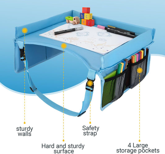Children Auto Lap Pad - Travel Tray Tablet Holder,Car Seat Lap Tray for Toddlers, Kids,Use on Airplanes, Road Trips, Lap Desk,Tablet Holder and Carry Bag (Blue)
