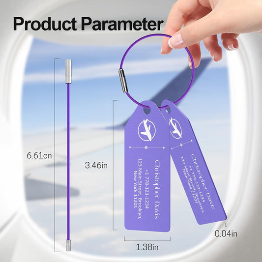 4 PCS Personalized Metal Luggage Tag – Personalized Engraved Suitcase Tag, Backpack Tag, with Matching Color Strap, Waterproof Suitcase Name Badge – Ideal Corporate Gift & Travel Accessory (Purple)