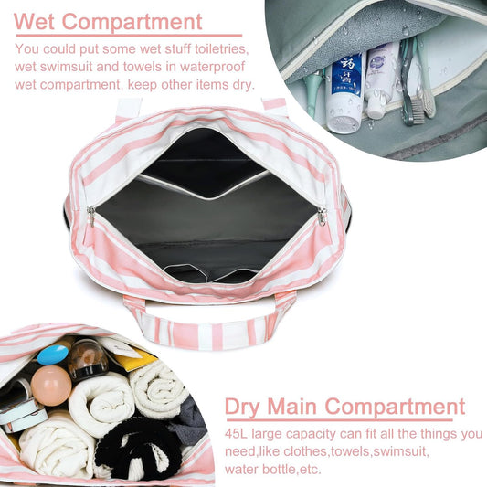 LEDAOU Beach Bag Waterproof Sandproof Women Tote Bag Pool Bag with Zipper for Gym Grocery Travel with Wet Pocket