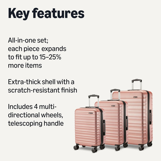 Amazon Basics 3-Piece Set (21", 26", 30"), Hardshell Suitcases With Wheels, Expandable For Up to 25% More Space, With Scratch-Resistant Surface, Four Multi-directional Wheels, Rose Gold