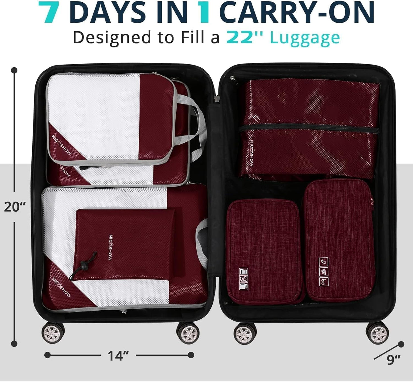 7 Set Compression Packing Cubes for Travel - Compressible, Lightweight, and Space-Saving Packing Cubes, Travel Essentials for Women, Wine