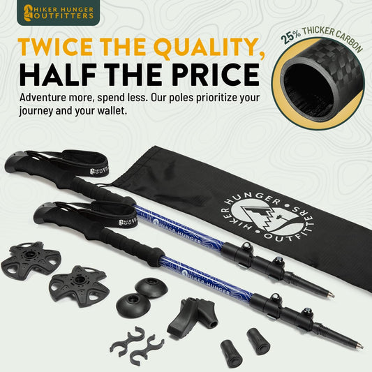 100% Carbon Fiber Trekking Poles by USA Brand - Ultra Strong Lightweight Collapsible Hiking Poles with Cork and EVA Foam Grips & Quick Adjustable Flip Locks