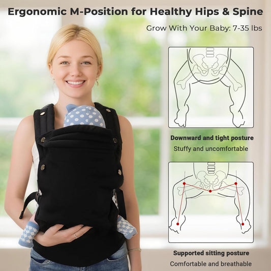 CycleMore Baby Carrier Newborn to Toddler - Soft & Ergonomic Infant Carrier with 3 Carry Positions, Hip-Healthy Adjustable Fit, Travel-Ready, Machine Washable for 7-35 lbs (Black)