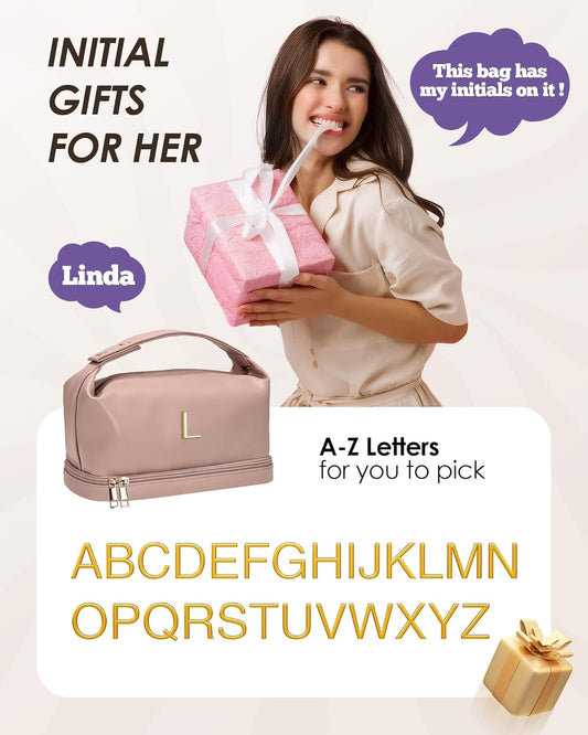 Birthday Bags for Women-Cool Gifts for College Girl, Initial Makeup Bag with Handle, Bridesmaid Bags-Cosmetic Bag, Makeup Bags Letter Travel Toiletry Bag with Makeup Brush Organizer