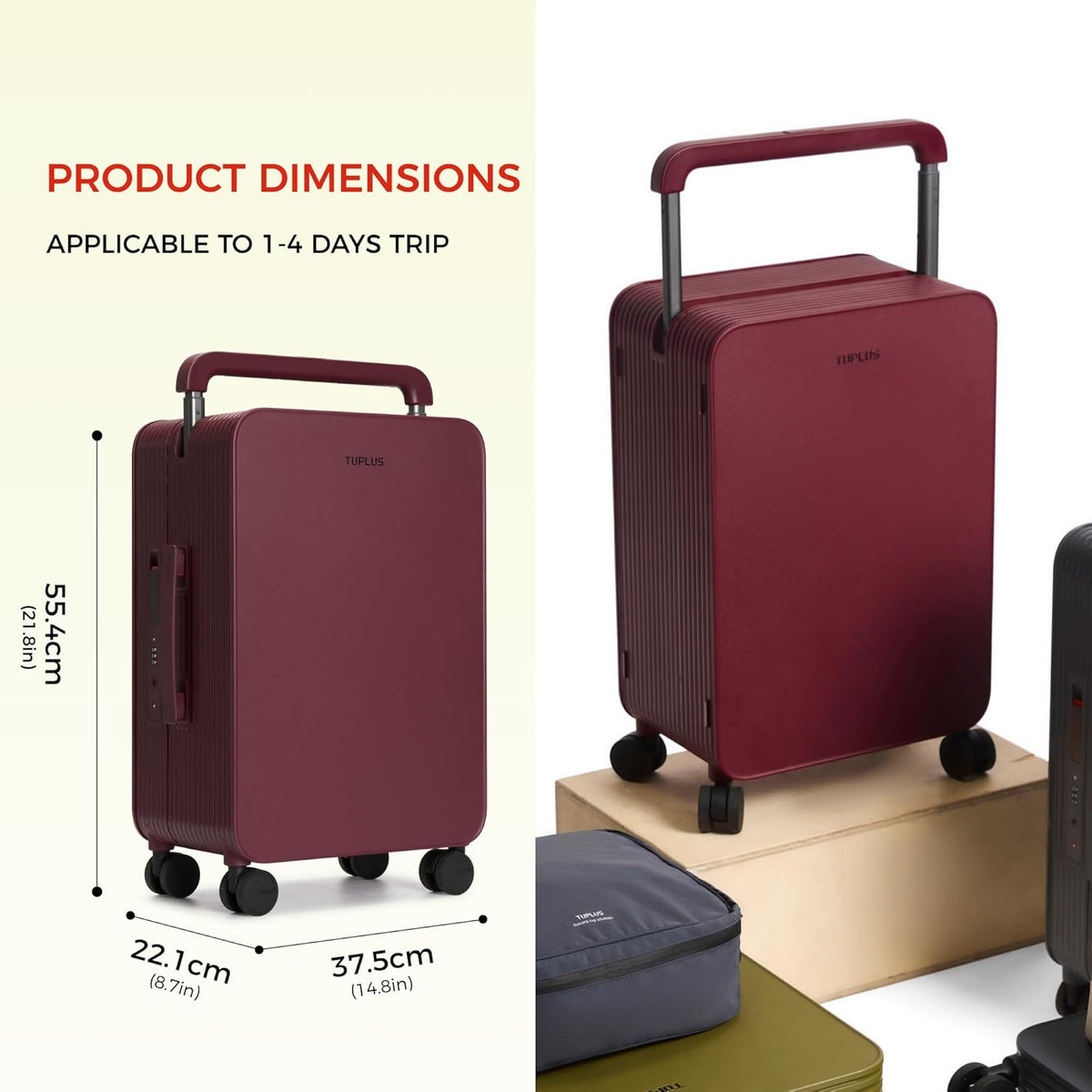 TUPLUS 20” Carry-On Hardside Luggage Lightweight ABS Travel Suitcase with Wide Handle Spinner Wheels TSA Combination Lock, Balance Series 2.0,Cranberry Red