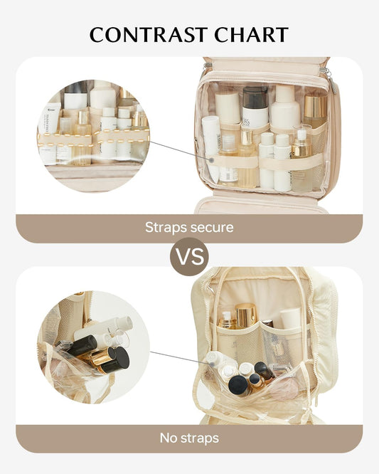 EACHY Toiletry Bag with Hanging Hook, Travel Makeup Bag PU Leather Cosmetic Bags for Women Make Up Organizer with 4 Compartments Waterproof Full-Size Portable Travel Essentials (Trench,Pro)