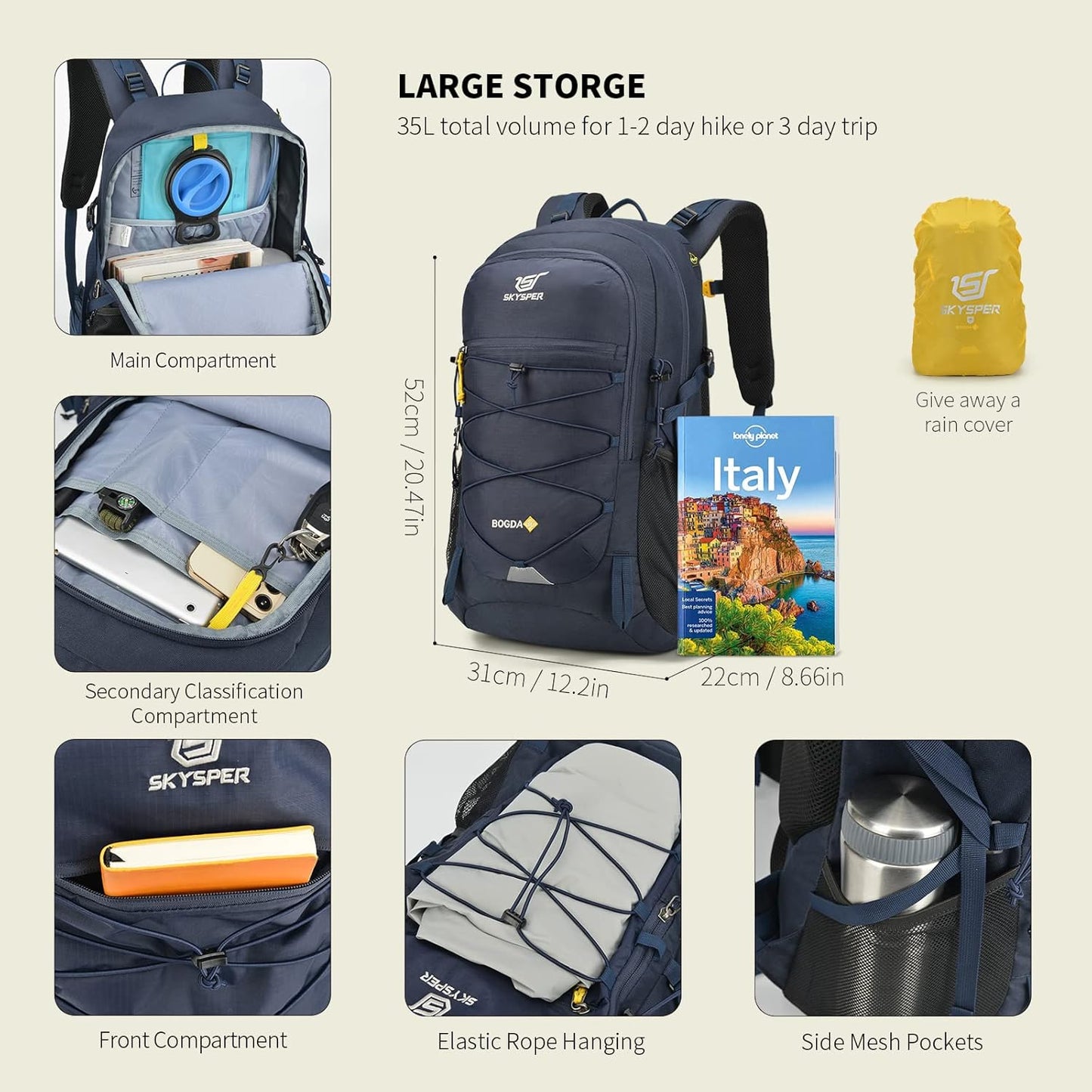 SKYSPER Hiking Backpack for Men Women, 35L Travel Backpack Waterproof Camping Backpack Outdoor Lightweight Daypack