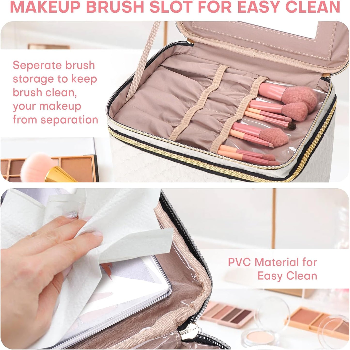 Large Makeup Bag with Mirror Double Layer Travel Make Up Organizer Case, Large Capacity Coemetic with Brush Slot Divider, Travel Toiletry Bag for Women - White/Beige