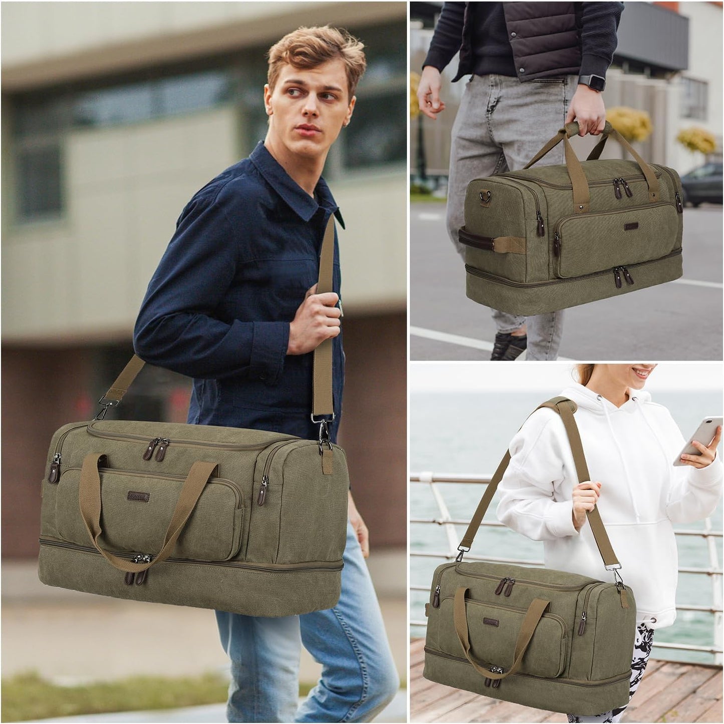 ZOMFELT Duffle Bag for travel, 40L Canvas Travel Duffel Bags for Men Women, Water Resistant Overnight Weekender Bag with Toiletry Bag & Shoe Compartment, Carry on Luggage Bag for Travel, Gym, Green