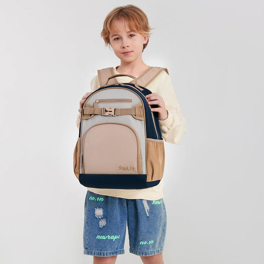 Lightweight Kids Backpack for School Kindergarten Elementary Backpacks for Boys Ages 6-8-10 (Brown Gray)