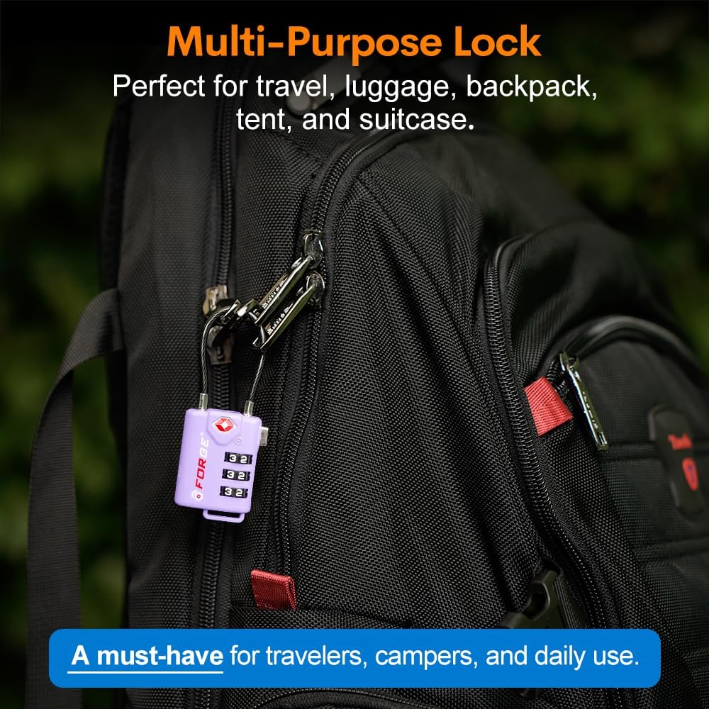 Forge TSA Approved Luggage Locks, Re-settable Combination with Alloy Body, Light Purple 2 PK, for Luggage, Suitcase, Backpack and More.