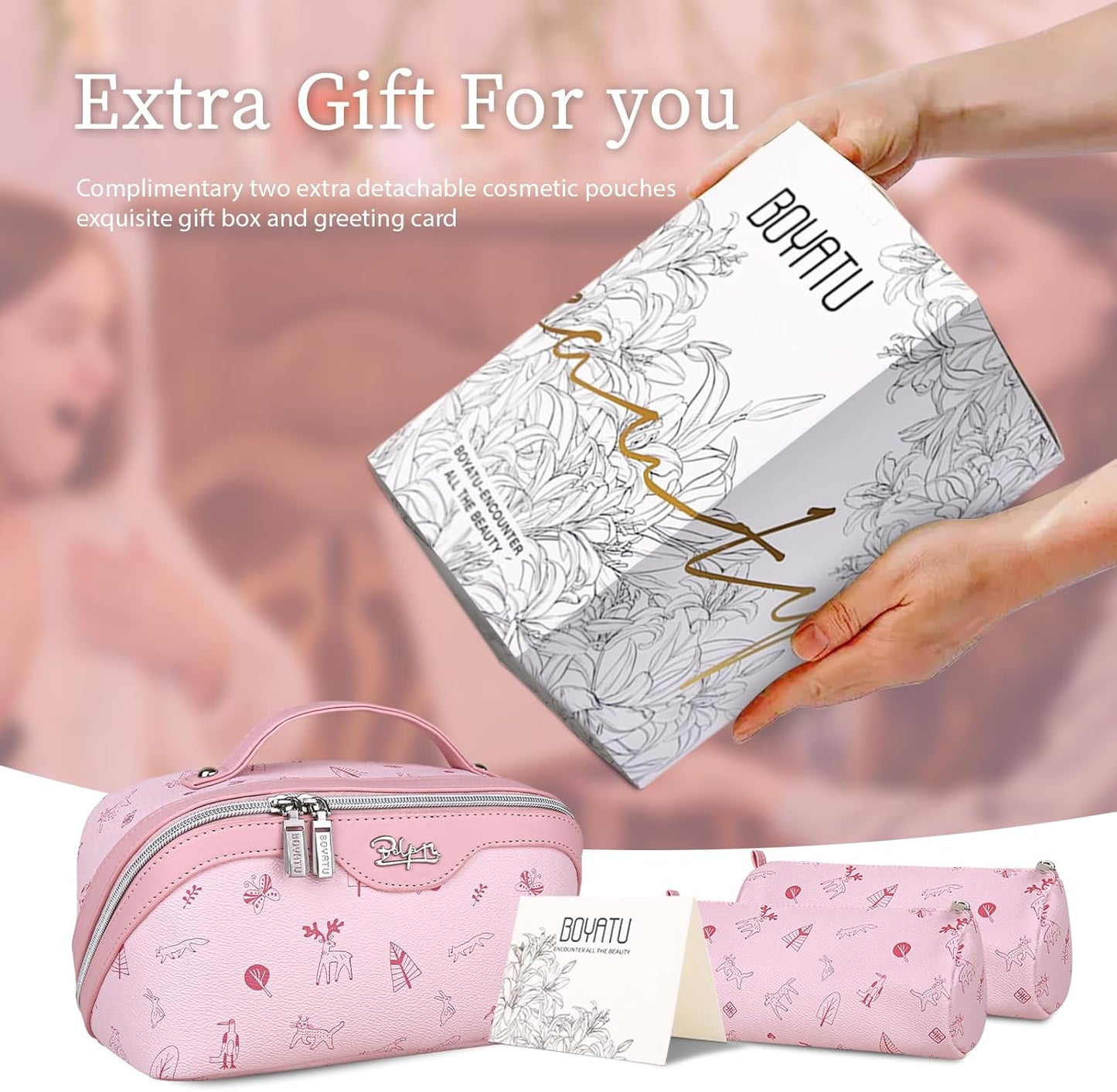 BOYATU Travel Makeup Bag Cosmetic Bags for Women: 3 Pcs Set Portable Make up Bag with Handle - Vegan Leather Toiletry Bags with Compartments - Makeup Organizer for Travel Essentials(04-Pink)