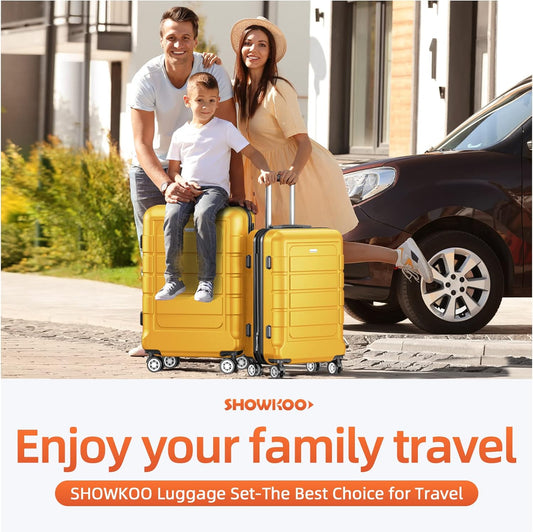 SHOWKOO Luggage Sets Expandable PC+ABS Durable Suitcase Sets Double Spinner Wheels TSA Lock Yellow 3pcs