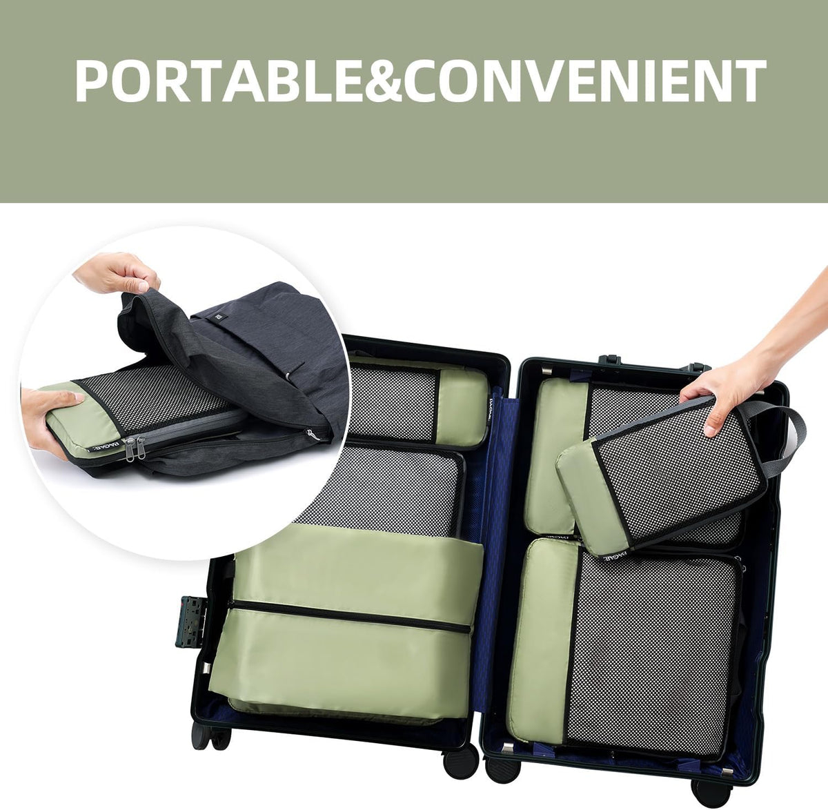 BAGAIL 4 Set/6 Set/8 Set Compression Packing Cubes Travel Accessories Expandable Packing Organizers (Half Mesh, 6-Matcha Green)