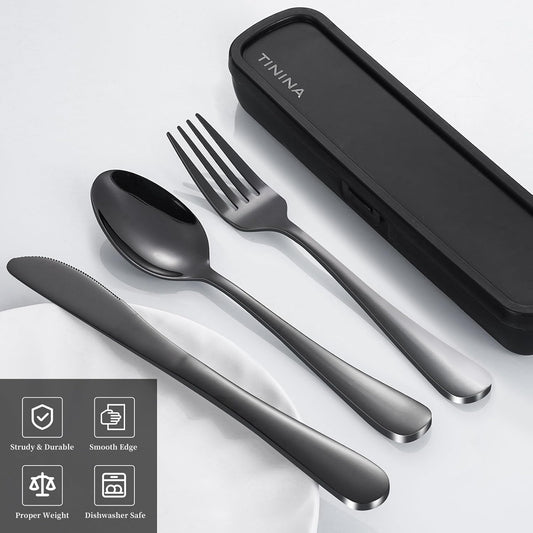 Travel Utensils with Case, 4-Piece Stainless Steel Portable Cutlery Set, Reinforced Case with Buckle Design, Lunch Box for Camping Work School, Include Fork Spoon Knife, Dishwasher Safe, Black