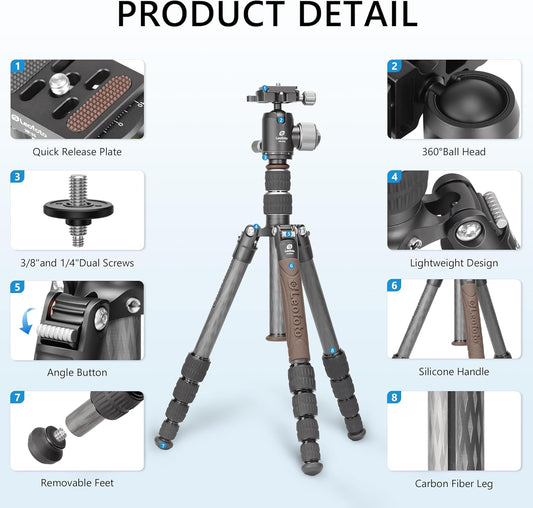 Lightweight Carbon Fiber Reverse Folding Travel Tripod with Ball Head, Removable Center Column, Folded Height 36cm, Maximum Load 6KG(LX-225CT+XB-32Q)