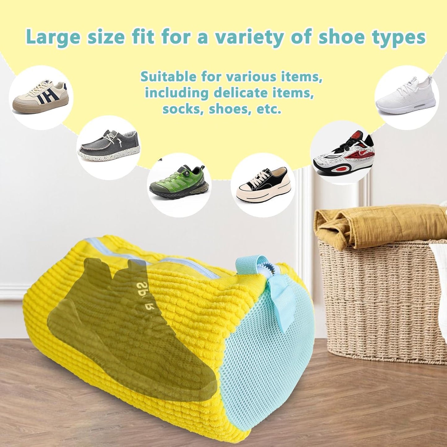 2Pcs Shoe Washing Machine Bags, Laundry Shoe Bags for Washer and Dryer, Sturdy Zipper with Hook Design, Reusable Washing Bag for Sneaker, Tennis, Fits All Shoe Types & Sizes, (Yellow 2 Packs)