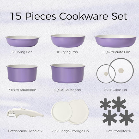 15Pcs Pots and Pans Set Non Stick, Cookware Sets with Detachable Handle, Nonstick RV Kitchen Cooking Tools Removable Handles, Oven Safe, Induction Fast, Stackable Induction Cookware, Purple