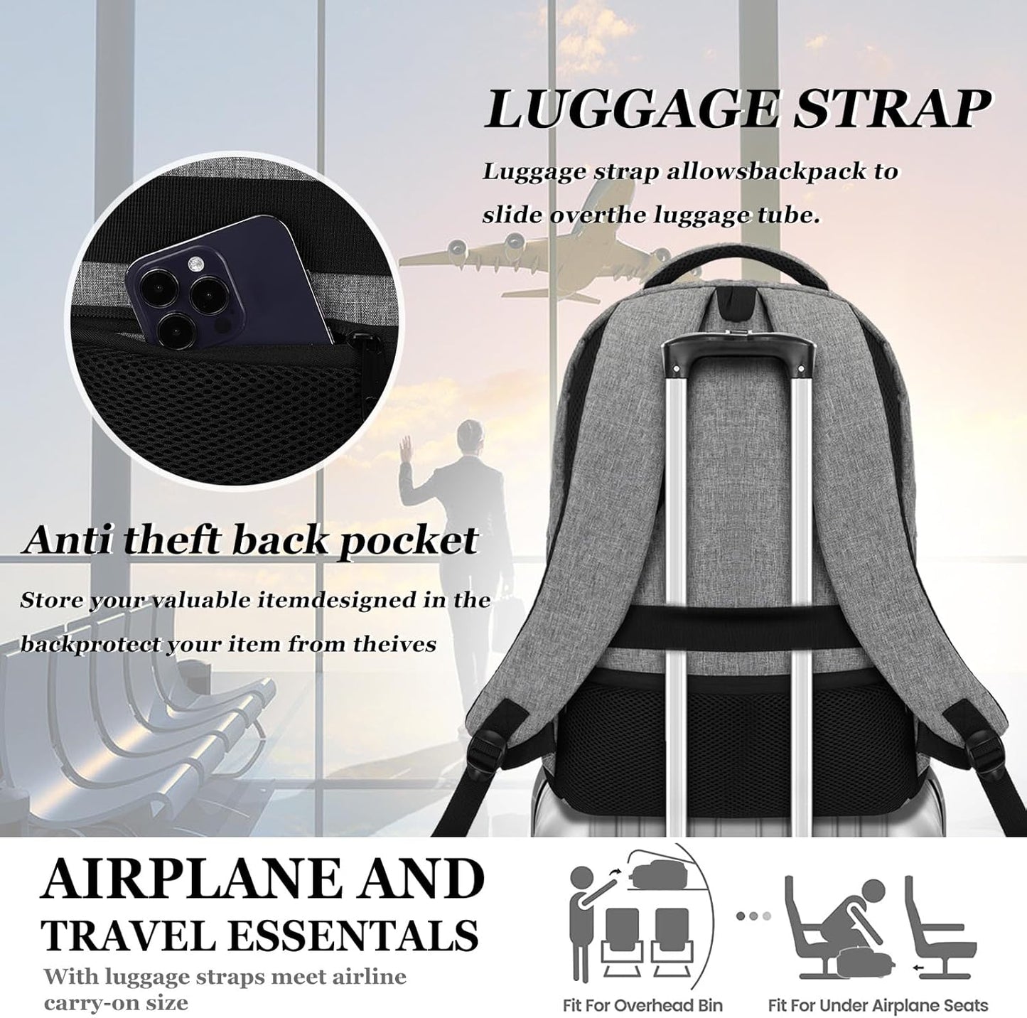 Travel Laptop Backpack for men women, School Backpacks for teen boys 15.6 Inch Durable Water Resistant Anti Theft Bookbag with USB Charging Port, College High School Business Computer Bookbags, Grey