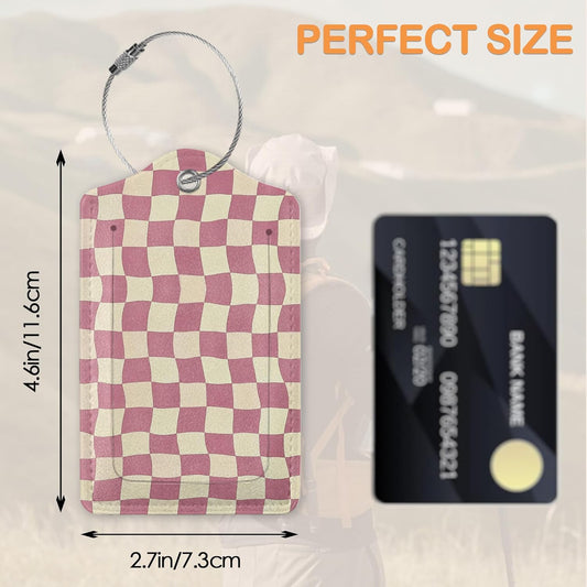 Abstract Colorful Twisted Checkered PU Leather Luggage Tags for Suitcase, Travel Cruise 3 Pack with Privacy Flap, Name ID Label and Metal Loop for Women Men Girls Baggage Bag Backpack
