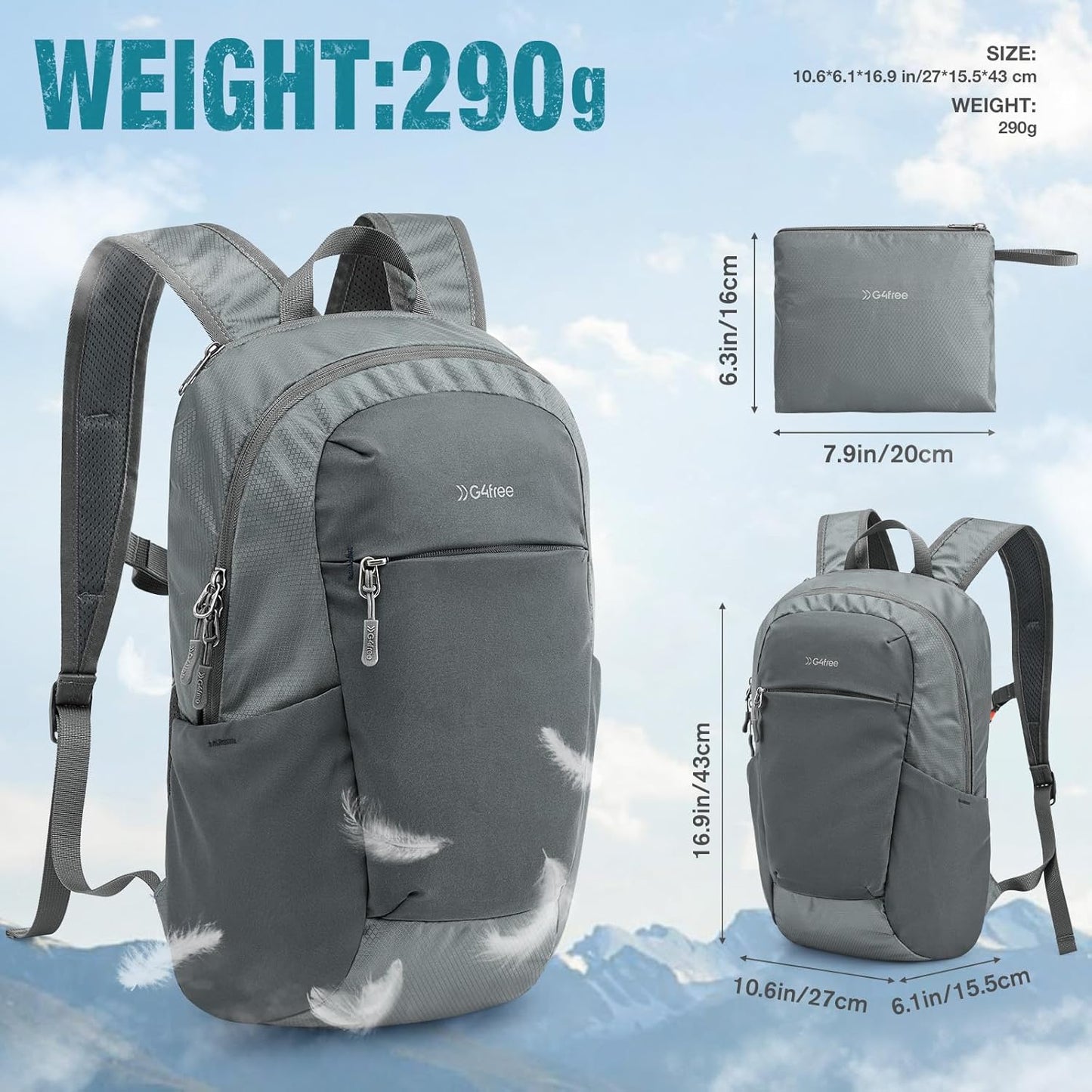 G4Free Packable Hiking Backpack 20L Lightweight Foldable Travel Daypack with Thickened Back Panel for Men Women(Grey)