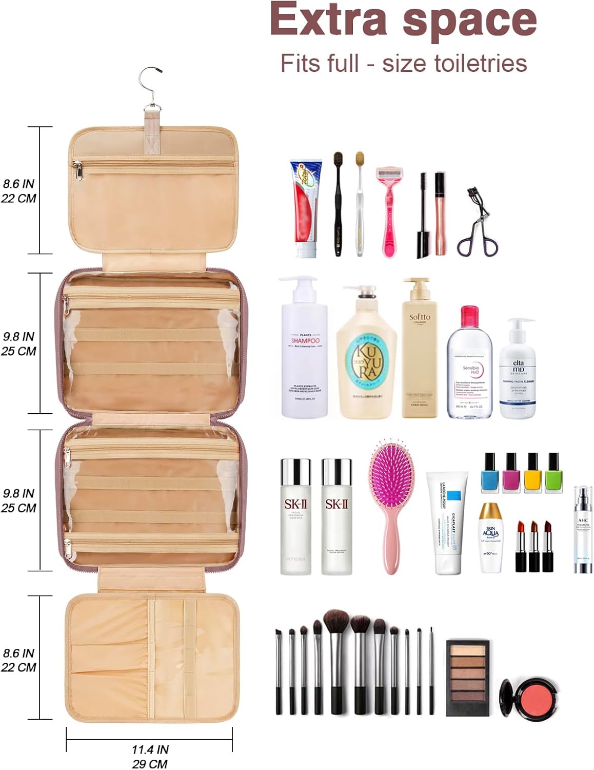 Women's Hanging Toiletry Bag, Waterproof Travel Cosmetic Organizer with Jewelry Storage, Large Capacity Makeup Case for Full-Size Skincare & Bathroom Essentials, Portable Cosmetic kit, Dark Purple