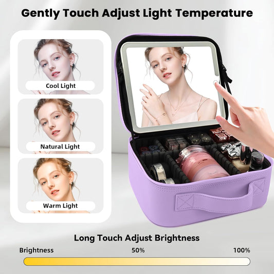 Travel Makeup Bag with LED Mirror and Light Travel Makeup Case Cosmetic Organizer Portable Cosmetic Brush Organizer Bag with Adjustable Dividers for Cosmetics Makeup Brushes Toiletry(Purple)