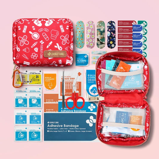 EVERLIT Mini Rescue Pack | 105 Medical Essentials Organized in Portable Storage Bag | Pocket Size Kids First Aid Kit with D Ring | Small Family-Friendly Travel Medical Kit (Original)