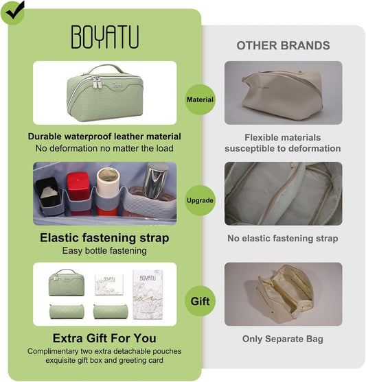 Travel Makeup Bag Organizer Cosmetic Bag: 3 Pcs Set Make up Bags for Women with Handle - Waterproof Vegan Leather Toiletry Bags with Comparments (C-06-Green)