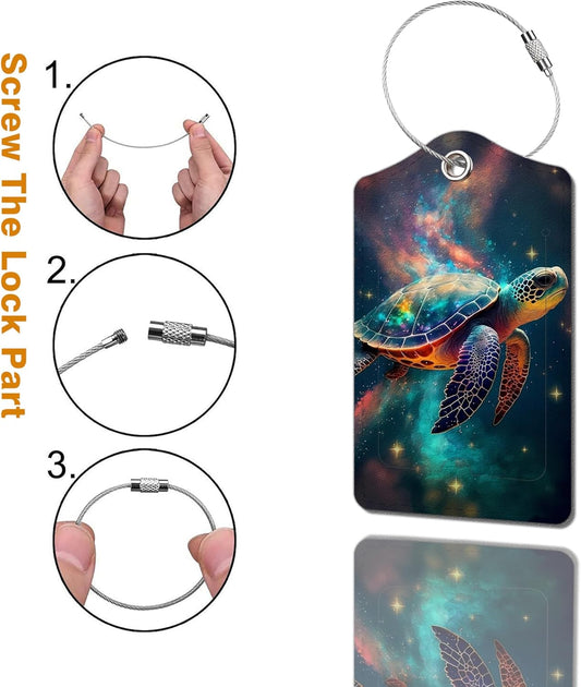 2 Pack Luggage Tag for Suitcase, Cute Unique Leather Bag Tags Identifiers Privacy Cover ID Label with Durable Steel Loop for Women Men Kids Girls Travel,TurtleE